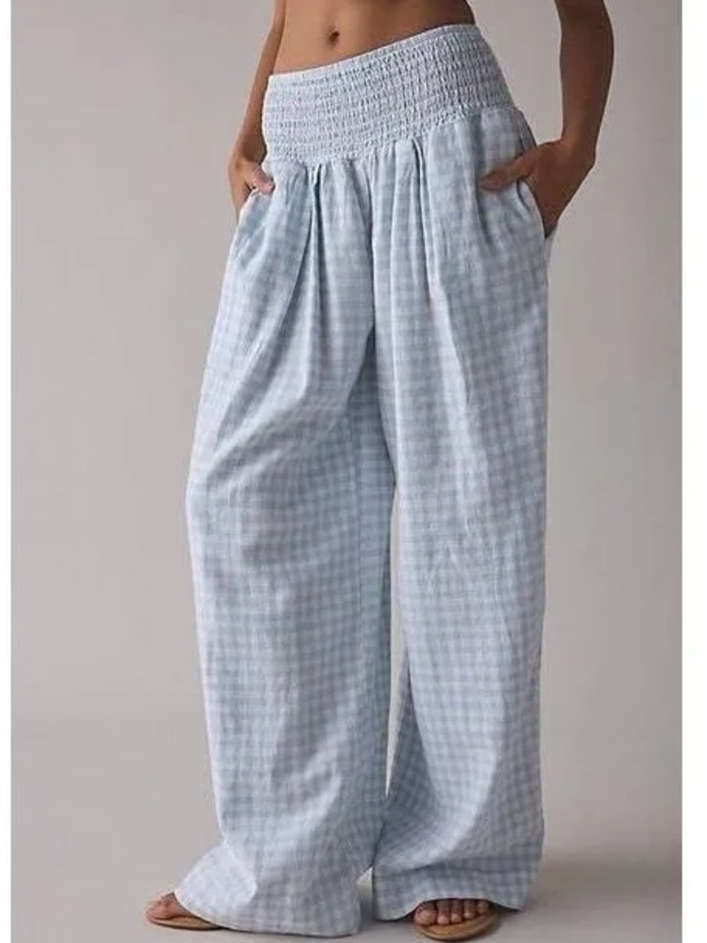 Kimchi Blue Light Blue Plaid Pants with Smocked Waist